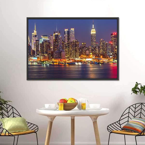 Manhattan At Night Canvas Wall Art-5 Horizontal-Gallery Wrap-22" x 12"-Tiaracle