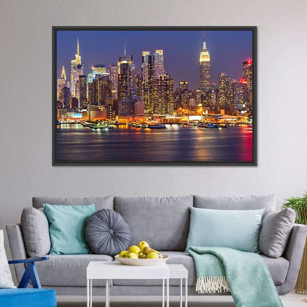 Manhattan At Night Canvas Wall Art-5 Horizontal-Gallery Wrap-22" x 12"-Tiaracle