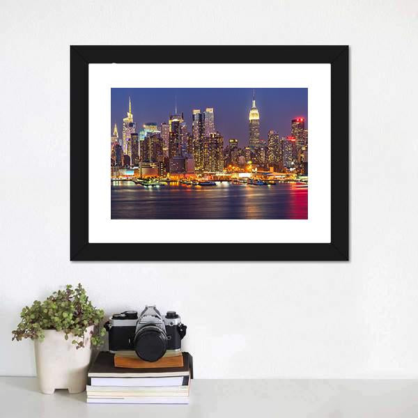 Manhattan At Night Canvas Wall Art-5 Horizontal-Gallery Wrap-22" x 12"-Tiaracle