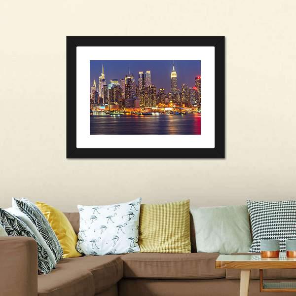 Manhattan At Night Canvas Wall Art-5 Horizontal-Gallery Wrap-22" x 12"-Tiaracle
