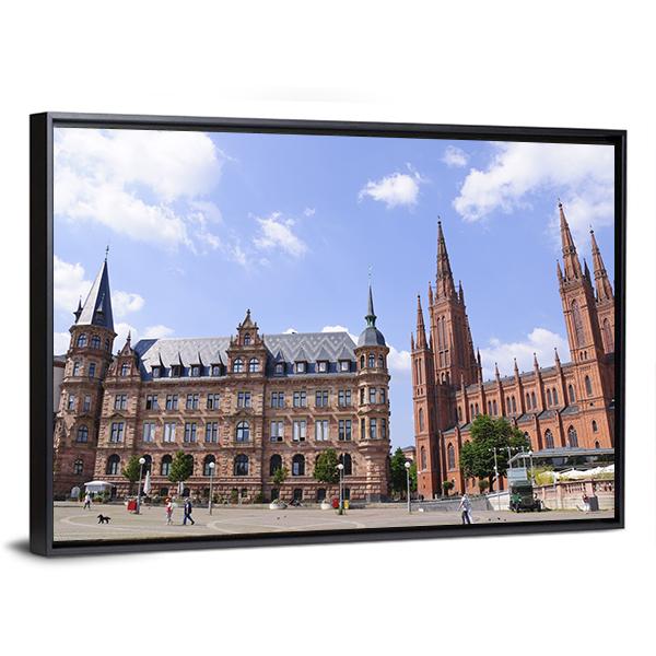 Market Place in Wiesbaden Canvas Wall Art in brown, red and blue, framed canvas, product view on a white background