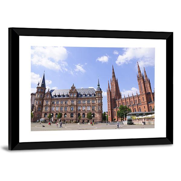 Market Place In Wiesbaden Canvas Wall Art-1 Piece-Framed Print-20" x 16"-Tiaracle