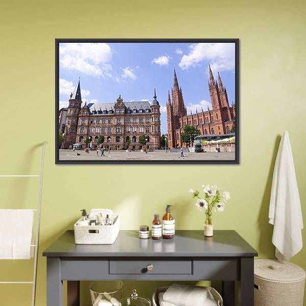 Market Place In Wiesbaden Canvas Wall Art-3 Horizontal-Gallery Wrap-25" x 16"-Tiaracle