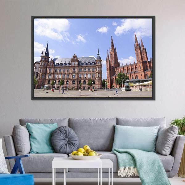 Market Place In Wiesbaden Canvas Wall Art-3 Horizontal-Gallery Wrap-25" x 16"-Tiaracle