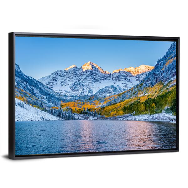 Maroon Bells At Sunrise Canvas Wall Art-1 Piece-Floating Frame-24" x 16"-Tiaracle