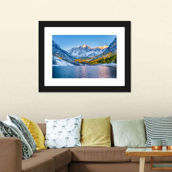 Maroon Bells At Sunrise Canvas Wall Art-5 Horizontal-Gallery Wrap-22" x 12"-Tiaracle