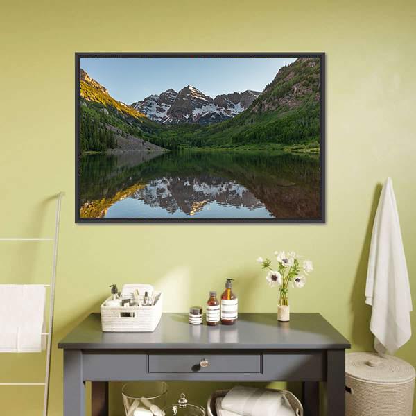 Maroon Bells Summer Reflection Canvas Wall Art-5 Horizontal-Gallery Wrap-22" x 12"-Tiaracle