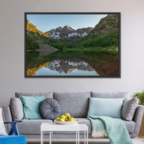 Maroon Bells Summer Reflection Canvas Wall Art-5 Horizontal-Gallery Wrap-22" x 12"-Tiaracle