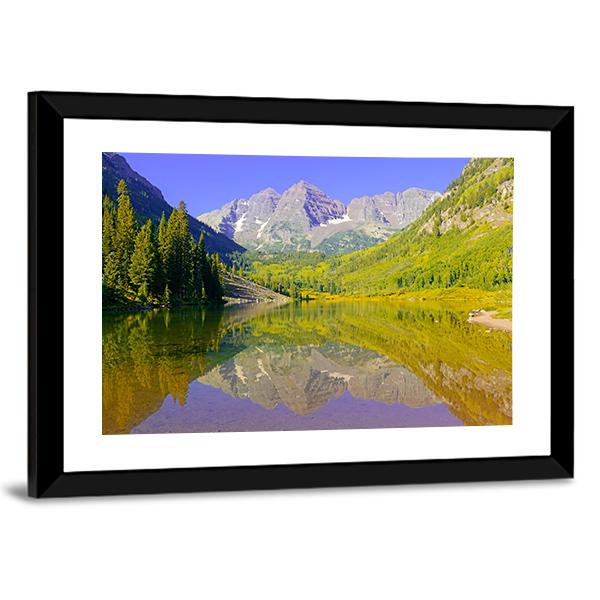 Maroon Bells With Lake Canvas Wall Art-1 Piece-Framed Print-20" x 16"-Tiaracle