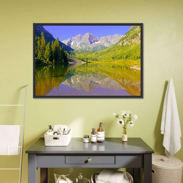 Maroon Bells With Lake Canvas Wall Art-3 Horizontal-Gallery Wrap-25" x 16"-Tiaracle