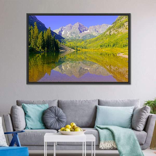 Maroon Bells With Lake Canvas Wall Art-3 Horizontal-Gallery Wrap-25" x 16"-Tiaracle