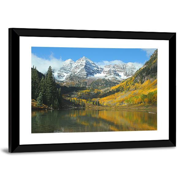Maroon Lake In Autumn Canvas Wall Art-1 Piece-Framed Print-20" x 16"-Tiaracle