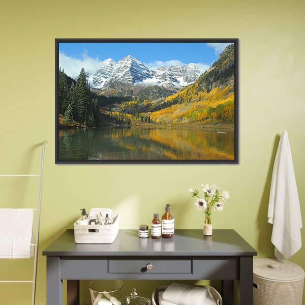 Maroon Lake In Autumn Canvas Wall Art-3 Horizontal-Gallery Wrap-25" x 16"-Tiaracle
