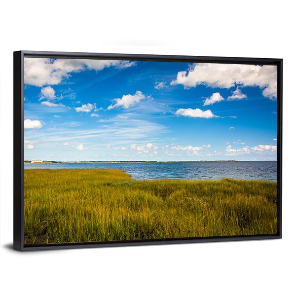 Marsh Grasses With Lake Canvas Wall Art-1 Piece-Floating Frame-24" x 16"-Tiaracle