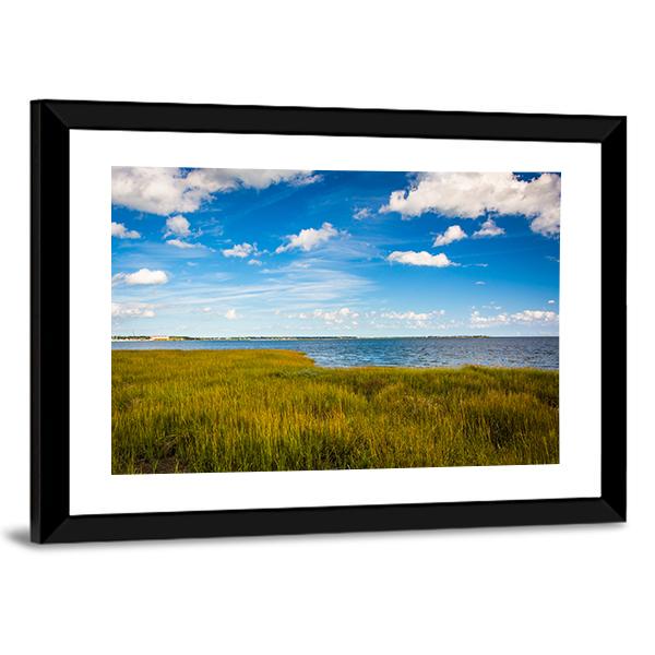 Marsh Grasses With Lake Canvas Wall Art-1 Piece-Framed Print-20" x 16"-Tiaracle