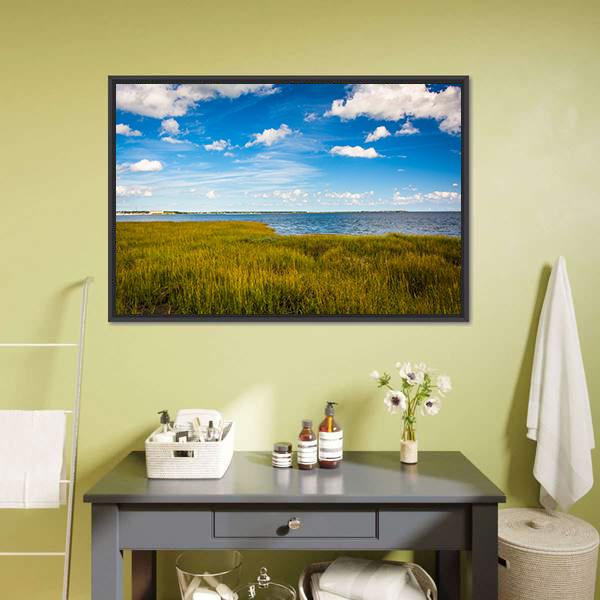 Marsh Grasses With Lake Canvas Wall Art-3 Horizontal-Gallery Wrap-25" x 16"-Tiaracle