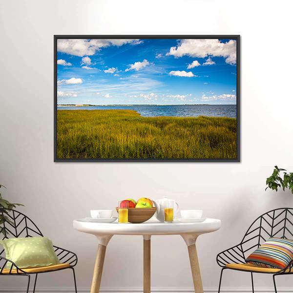 Marsh Grasses With Lake Canvas Wall Art-3 Horizontal-Gallery Wrap-25" x 16"-Tiaracle