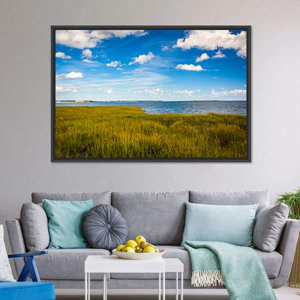 Marsh Grasses With Lake Canvas Wall Art-3 Horizontal-Gallery Wrap-25" x 16"-Tiaracle