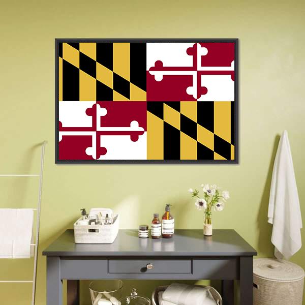 Maryland Flag Quadrant Design Canvas Wall Art in black, red and yellow, framed canvas, product view on a white background