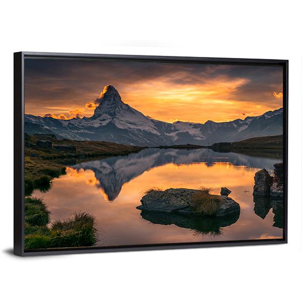 Matterhorn at Sunset Canvas Wall Art in brown, orange and blue, framed canvas, product view on a white background