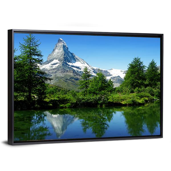 Matterhorn and Alpine Lake Reflection Canvas Wall Art in white, green and blue, framed canvas, product view on a white background