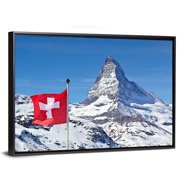 Matterhorn with Swiss Flag Canvas Wall Art in white, red and blue, framed canvas, product view on a white background