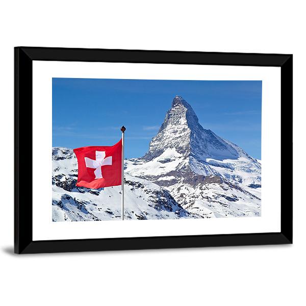 Matterhorn With Switzerland Flag Canvas Wall Art-1 Piece-Framed Print-20" x 16"-Tiaracle