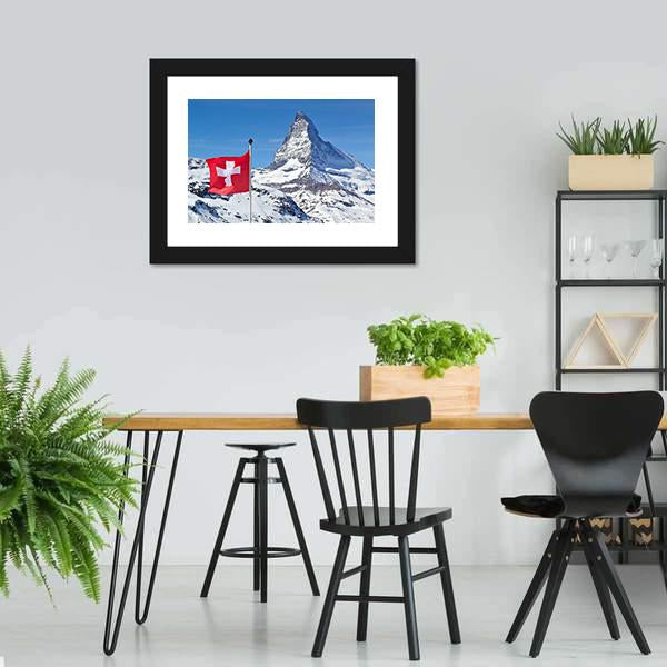 Matterhorn With Switzerland Flag Canvas Wall Art-1 Piece-Framed Print-30" x 20"-Tiaracle