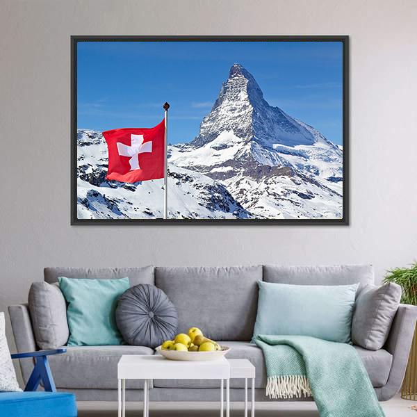 Matterhorn With Switzerland Flag Canvas Wall Art-3 Horizontal-Gallery Wrap-25" x 16"-Tiaracle
