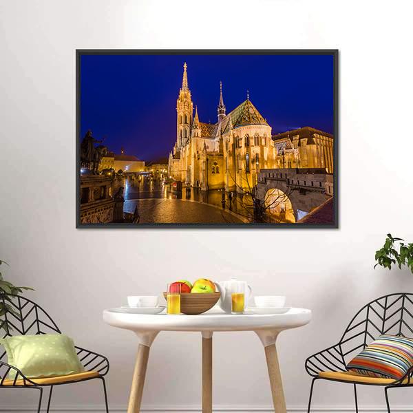 Matthias Church At Night Canvas Wall Art-1 Piece-Floating Frame-36" x 24"-Tiaracle