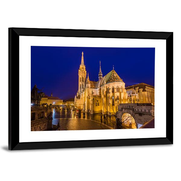 Matthias Church At Night Canvas Wall Art-1 Piece-Framed Print-42" x 14"-Tiaracle