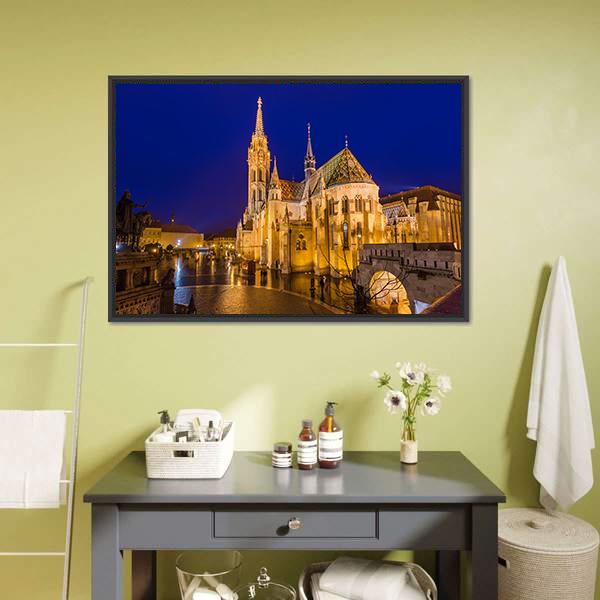 Matthias Church At Night Canvas Wall Art-5 Horizontal-Gallery Wrap-22" x 12"-Tiaracle