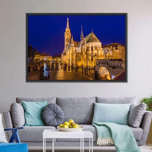 Matthias Church At Night Canvas Wall Art-3 Horizontal-Gallery Wrap-25" x 16"-Tiaracle