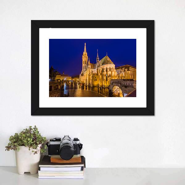 Matthias Church At Night Canvas Wall Art-5 Horizontal-Gallery Wrap-22" x 12"-Tiaracle