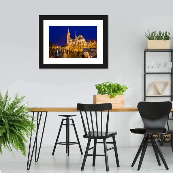 Matthias Church At Night Canvas Wall Art-3 Horizontal-Gallery Wrap-25" x 16"-Tiaracle