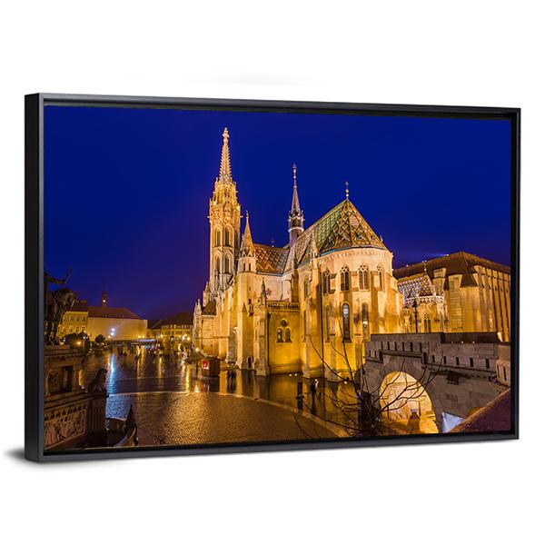 Matthias Church At Night Canvas Wall Art-5 Horizontal-Gallery Wrap-22" x 12"-Tiaracle