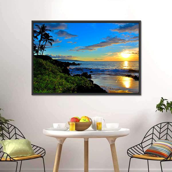 Maui Beach Sunset Canvas Wall Art in yellow, green and blue, framed canvas, product view on a white background