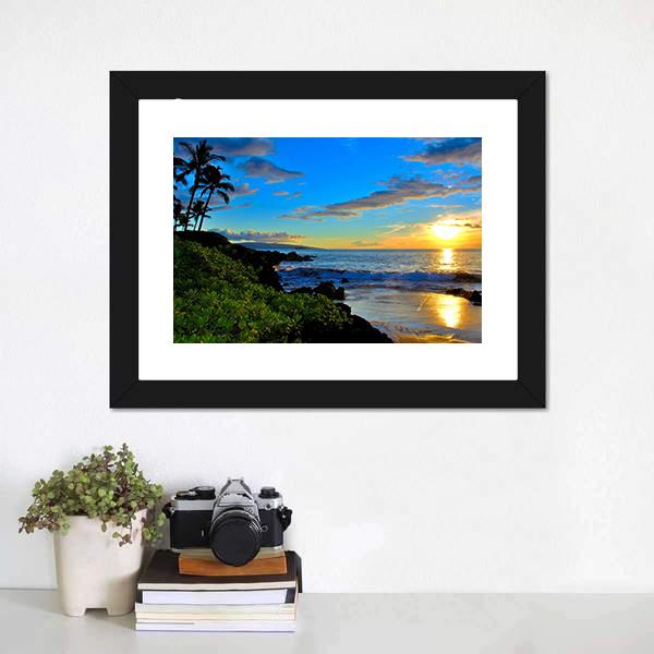 Maui Beach Sunset Canvas Wall Art in yellow, green and blue, framed print, product view on a white background
