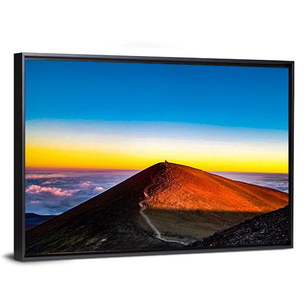 Mauna Kea Mountain at Sunset Canvas Wall Art in orange, yellow and blue, framed canvas, product view on a white background