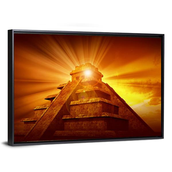 Mayan Mystery Pyramid Canvas Wall Art in brown, orange and yellow, framed canvas, product view on a white background