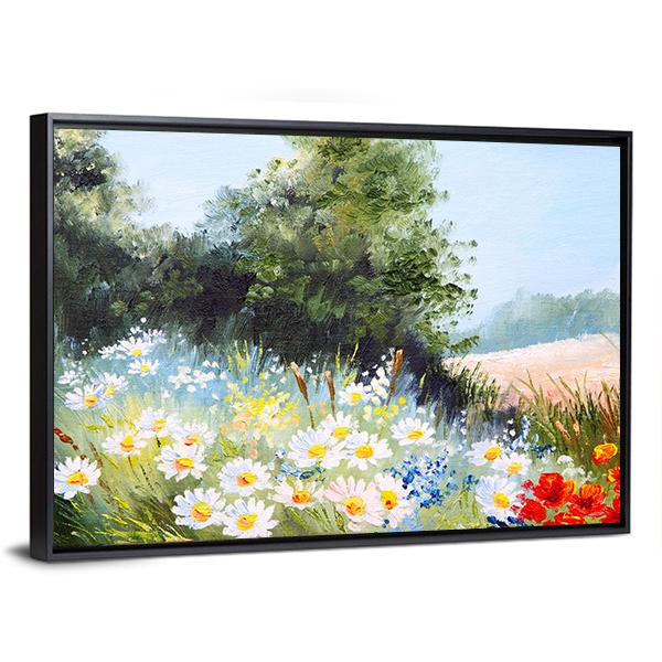 Meadow of Daisies Canvas Wall Art in white, green and blue, framed canvas, product view on a white background