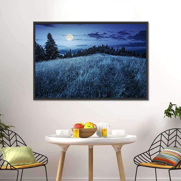 Meadow With Full Moon Canvas Wall Art-1 Piece-Floating Frame-24" x 16"-Tiaracle