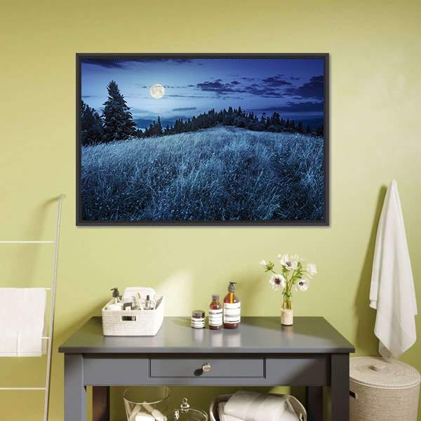 Meadow With Full Moon Canvas Wall Art-3 Horizontal-Gallery Wrap-25" x 16"-Tiaracle