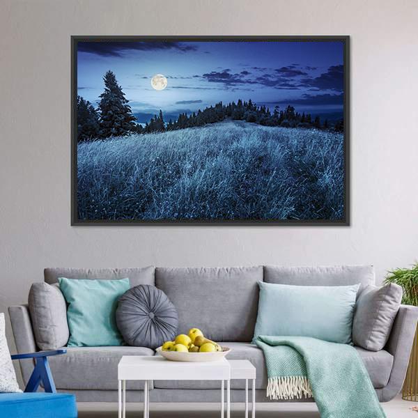 Meadow With Full Moon Canvas Wall Art-3 Horizontal-Gallery Wrap-25" x 16"-Tiaracle