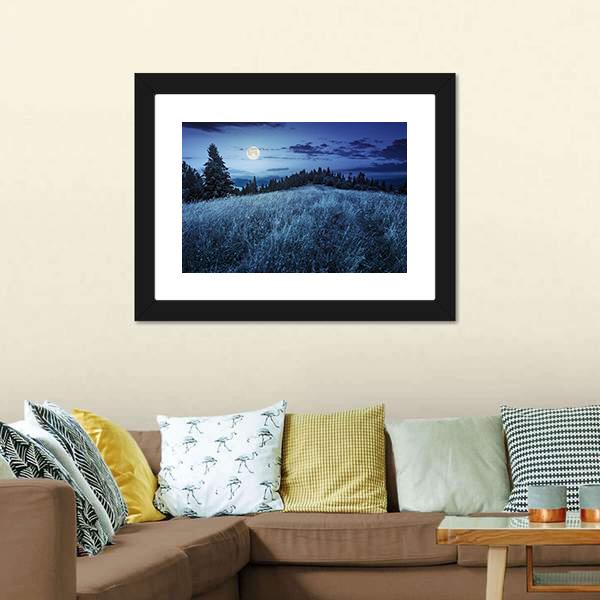 Meadow With Full Moon Canvas Wall Art-3 Horizontal-Gallery Wrap-25" x 16"-Tiaracle