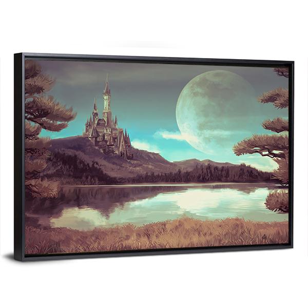 Medieval Castle With Lake Canvas Wall Art-1 Piece-Floating Frame-24" x 16"-Tiaracle