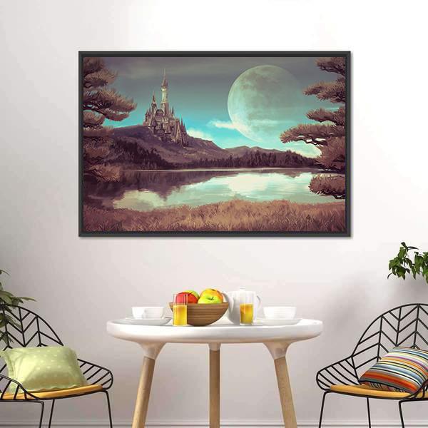 Medieval Castle With Lake Canvas Wall Art-1 Piece-Floating Frame-24" x 16"-Tiaracle