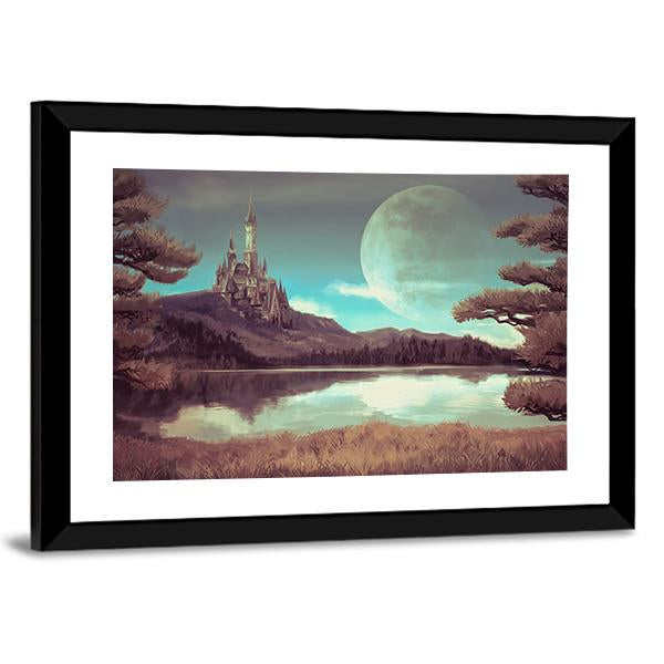 Medieval Castle With Lake Canvas Wall Art-1 Piece-Framed Print-20" x 16"-Tiaracle