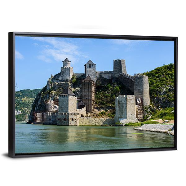 Medieval Golubac Fortress Canvas Wall Art-1 Piece-Floating Frame-24" x 16"-Tiaracle