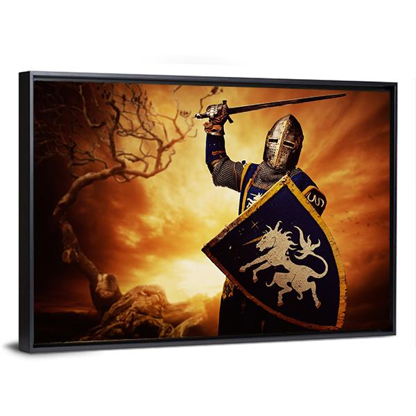 Medieval Knight with Unicorn Shield Canvas Wall Art in black, orange and yellow, framed canvas, product view on a white background